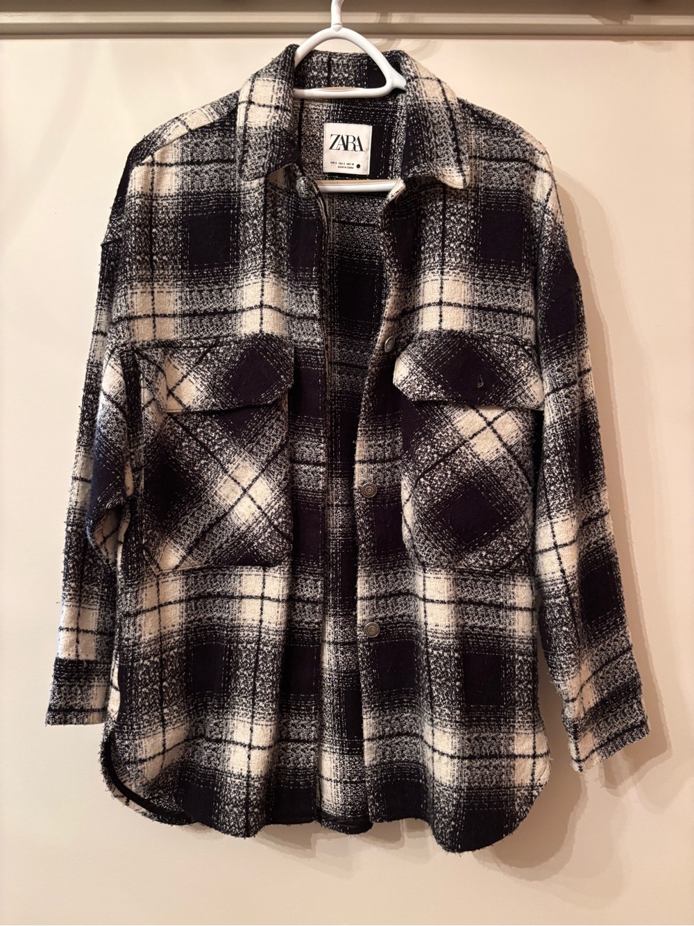 ZARA Black and Cream Plaid Utility Shacket